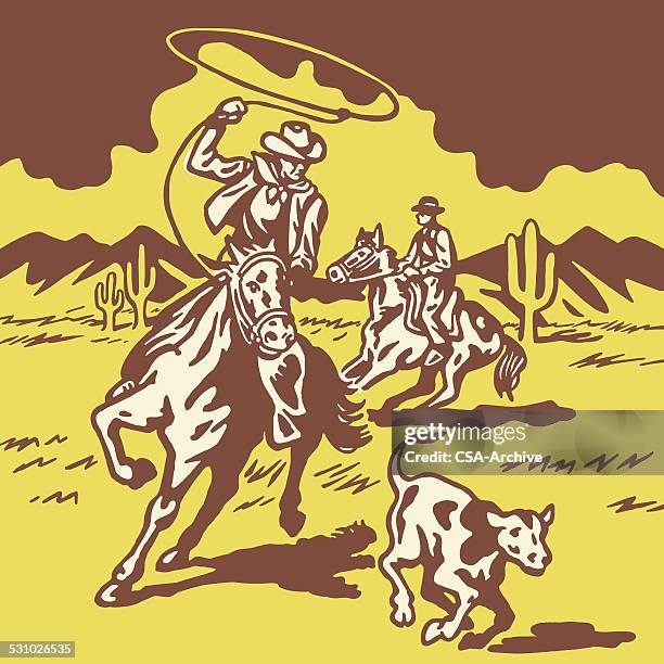 bildbanksillustrationer, clip art samt tecknat material och ikoner med cowboy lassoing calf - cowboy