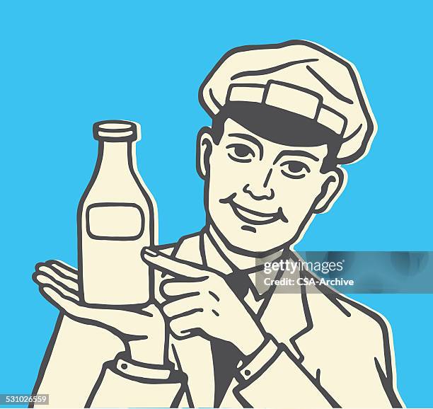 ilustraciones, imágenes clip art, dibujos animados e iconos de stock de repartidor de leche botella de retención - milkman