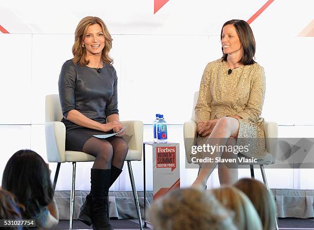 Interviewer Deirdre Bolton and Nasdaq President and COO Adena Friedman speak onstage during the 2016 Forbes Women's Summit at Pier Sixty at Chelsea...