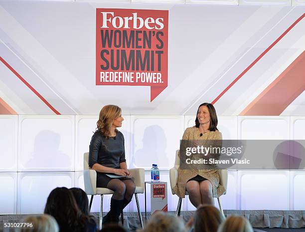 Interviewer Deirdre Bolton and Nasdaq President and COO Adena Friedman speak onstage during the 2016 Forbes Women's Summit at Pier Sixty at Chelsea...