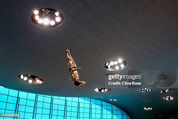 Oliver Dingley of Ireland warms up prior to the Men's 3m Synchro Final on day four of the 33rd LEN European Swimming Championships 2016 at Aquatics...