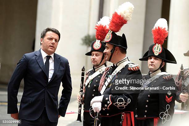 Italian Prime Minister Matteo Renzi receives Japanese Prince Akishino at Palazzo Chigi on May 11, 2016 in Rome, Italy.