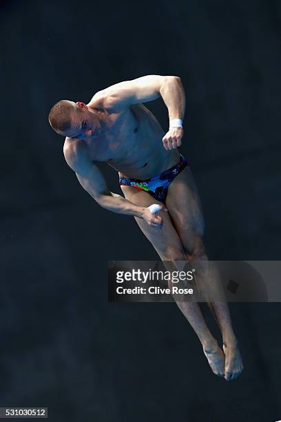 Evgenii Kuznetsov of Russia competes in the Men's 3m Synchro Final on day four of the 33rd LEN European Swimming Championships 2016 at Aquatics...