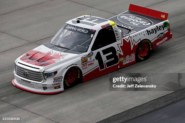 Cameron Hayley, driver of the Cabinets by Hayley Toyota, practices for the NASCAR Camping World Truck Series at Dover International Speedway on May...