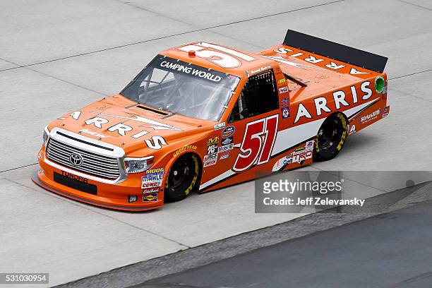 Daniel Suarez, driver of the ARRIS Toyota, practices for the NASCAR Camping World Truck Series at Dover International Speedway on May 12, 2016 in...