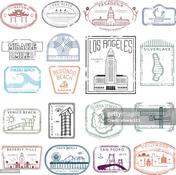 los angeles stamps of destinations - venice california stock illustrations