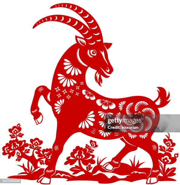 chinese new year goat paper-cut art - chinese zodiac animals stock illustrations