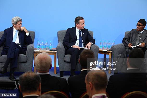 President of Nigeria Mohammadu Buhari with England Prime Minister David Cameron and U.S. Secretary of States John Kerry at the Opening Plenary of the...