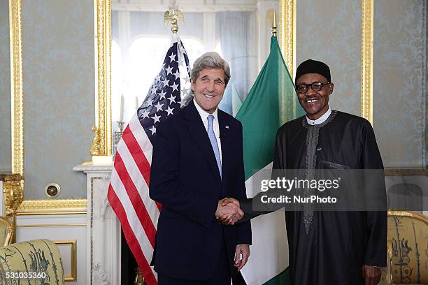 President of Nigeria Mohammadu Buhari with U.S. Secretary of States John Kerry in a bilateral meeting at the sidelines of the Anti Corruption Summit...