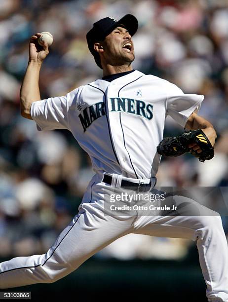 Shigetoshi Hasegawa of the Seattle Mariners pitches against the New York Mets on June 19, 2005 at Safeco Field in Seattle, Washington. The Mariners...