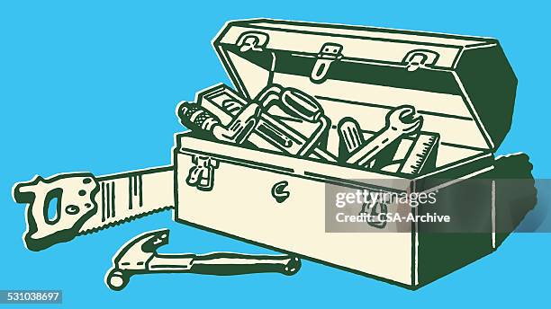 ilustraciones, imágenes clip art, dibujos animados e iconos de stock de caja de herramientas completo - caja de herramientas