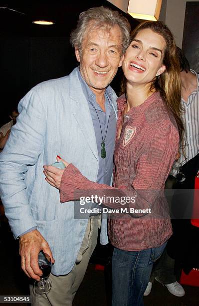Actors Sir Ian McKellen and Brooke Shields attend the backstage party following "24 Hour Plays" at The Old Vic Theatre on June 19, 2005 in London,...