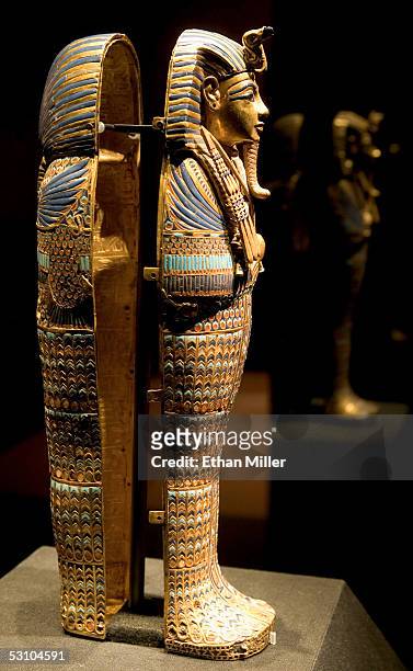 Side view of the Viscera Coffin of Tutankhamun is on display during the "Tutankhamun And The Golden Age Of The Pharaohs" Exhibit Opening at LACMA on...