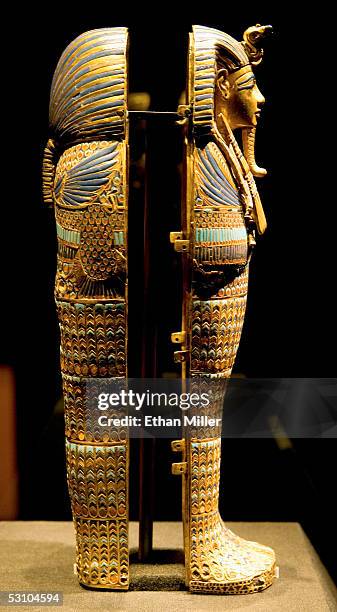 Side view of the Viscera Coffin of Tutankhamun is on display during the "Tutankhamun And The Golden Age Of The Pharaohs" Exhibit Opening at LACMA on...