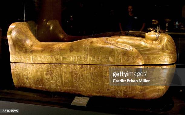 The Coffin of Tjuya is displayed during the "Tutankhamun And The Golden Age Of The Pharaohs" Exhibit Opening at LACMA on June 15, 2005 in Los...
