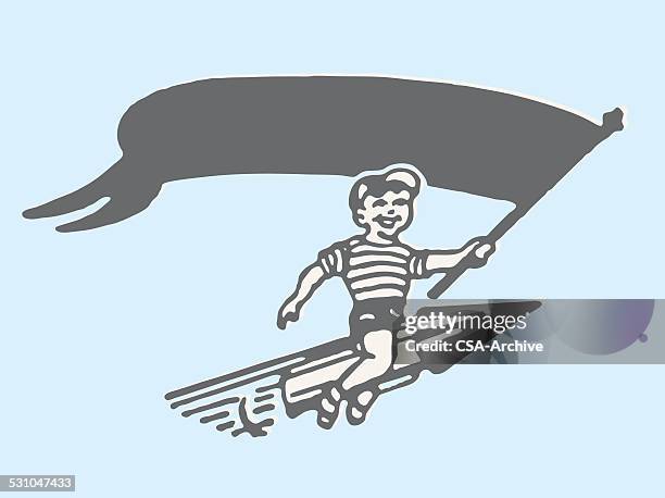 boy on rocket with archive flag - rocket stock illustrations