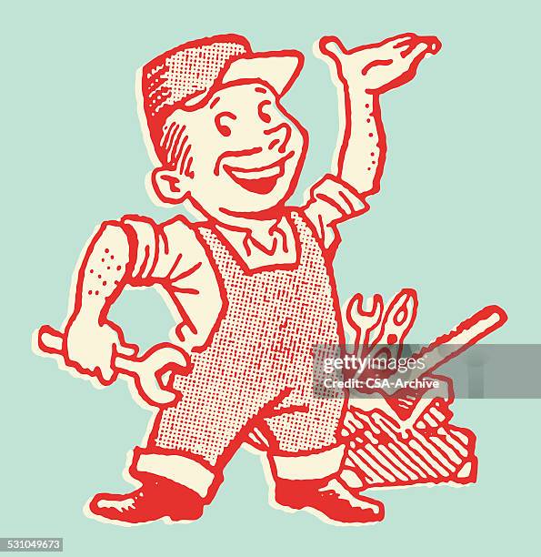 ilustraciones, imágenes clip art, dibujos animados e iconos de stock de reparador con herramientas - plumber