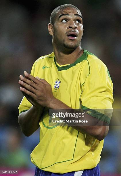 Adriano of Brazil gestures during the match between Mexico and Brazil in the FIFA Confederations Cup 2005 in the AWD Arena on June 19, 2005 in...