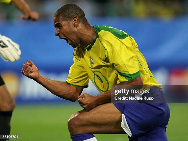 Adriano of Brazil celebrates during the match between Mexico and Brazil for the Confederations Cup 2005 on June 19, 2005 in Hanover, Germany.