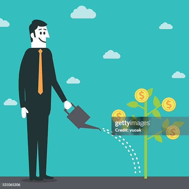 man growing money tree - money doesn't grow on trees stock illustrations