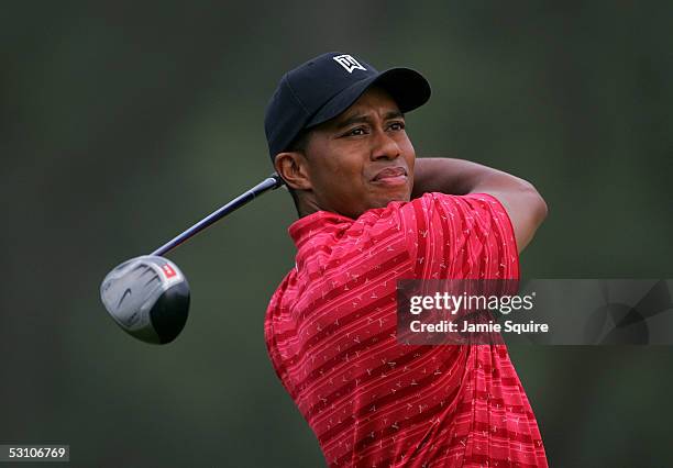 Tiger Woods hits his tee shot during the final round of the U.S. Open on Pinehurst No. 2 at the Pinehurst Resort on June 19, 2005 in Pinehurst, North...