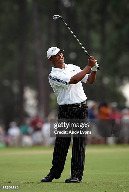 Michael Campbell of New Zealand watches his shot during the final round of the U.S. Open on Pinehurst No. 2 at the Pinehurst Resort on June 19, 2005...