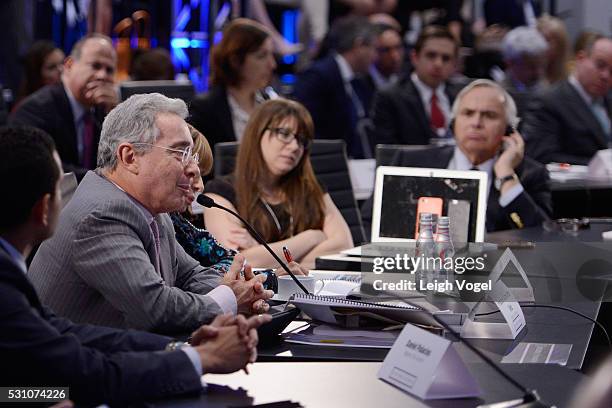 Former President of Colombia Alvaro Uribe Velez speaks on stage during Concordia The Americas, a high-level Summit on the Americas organized by...