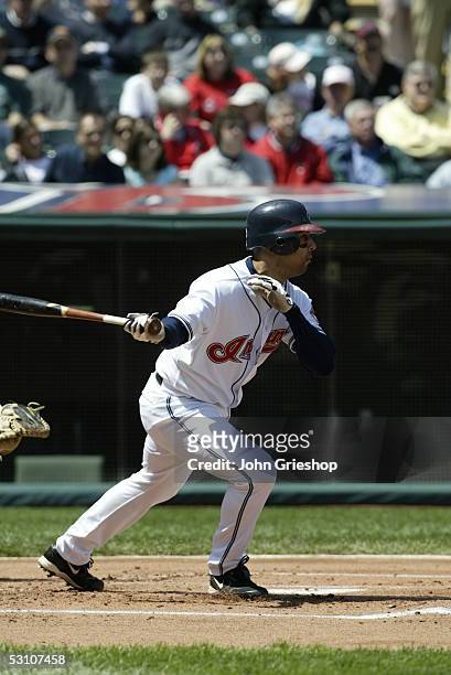 Alex Cora of the Cleveland Indians bats during the game against the Los Angeles Angels of Anaheim at Jacobs Field on May 18, 2005 in Cleveland, Ohio....