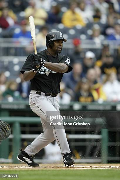 Carlos Delgado of the Florida Marlins bats during the game against the Pittsburgh Pirates at PNC Park on May 30, 2005 in Pittsburgh, Pennsylvania....