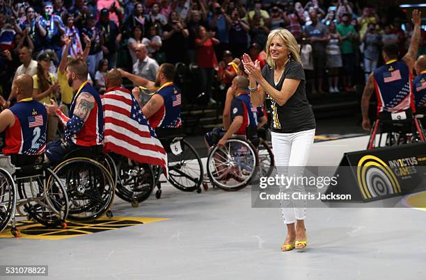 Dr Jill Biden presents medals during the wheelchair basketball on the final day of the Invictus Games Orlando 2016 at ESPN Wide World of Sports on...
