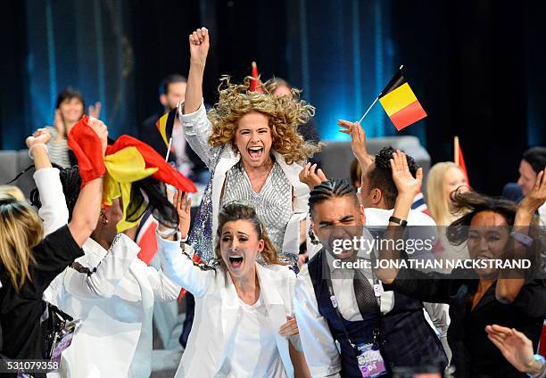 Laura Tesoro representing Belgium celebrates as she advances to the grand final, after qualifying in the second semi-final of the Eurovision Song...