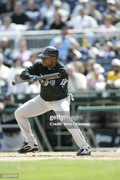 Luis Castillo of the Florida Marlins bunts during the game against the Pittsburgh Pirates at PNC Park on May 30, 2005 in Pittsburgh, Pennsylvania....