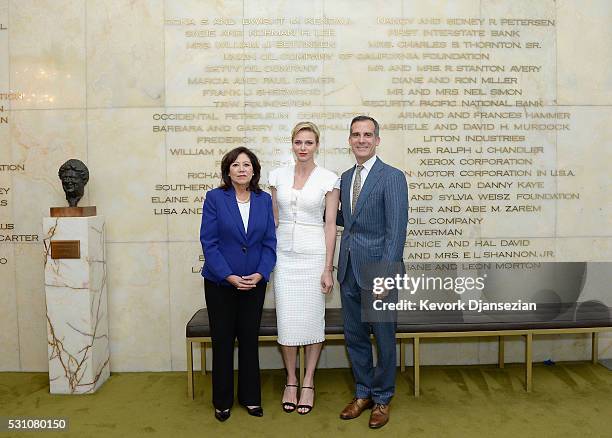 Former United States Secretary of Labor Hilda Solis, Her Serene Highness Princess Charlene of Monaco and Mayor of Los Angeles Eric Garcetti attend...