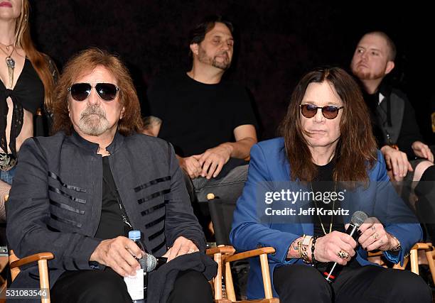 Geezer Butler and Ozzy Osbourne attend the Ozzy Osbourne and Corey Taylor Special Announcement on May 12, 2016 in Hollywood, California.