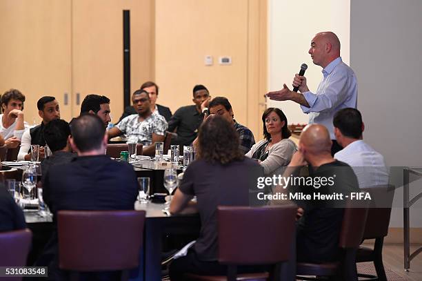 President Gianni Infantino addresses the FIFA Legends during a FIFA Legends Thinktank meeting at the Hyatt hotel on May 12, 2016 in Mexico City, .