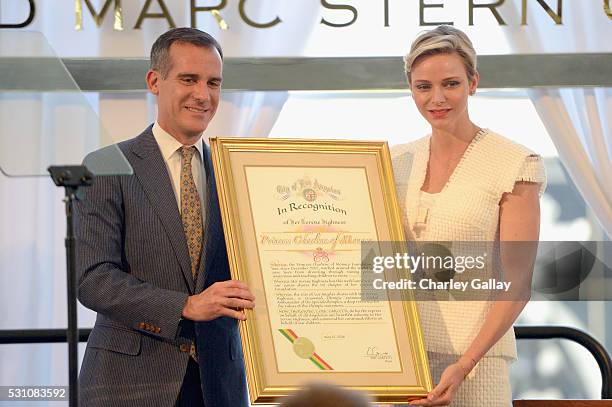 Mayor of Los Angeles Eric Garcetti and Her Serene Highness Princess Charlene of Monaco attend the Blue Ribbon of the Los Angeles Music Center to...