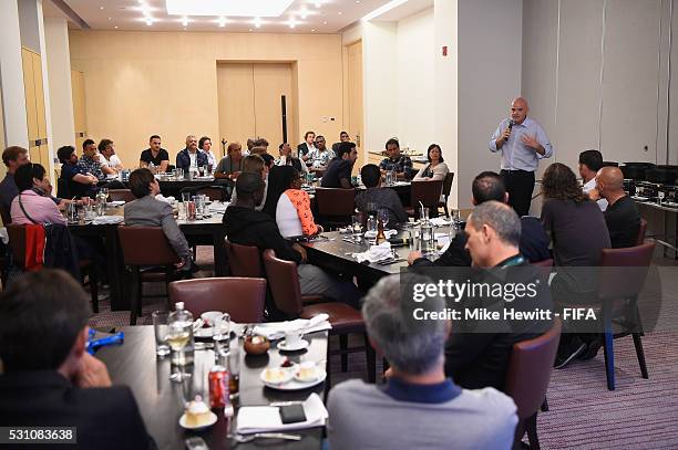 President Gianni Infantino addresses the FIFA Legends during a FIFA Legends Thinktank meeting at the Hyatt hotel on May 12, 2016 in Mexico City, .