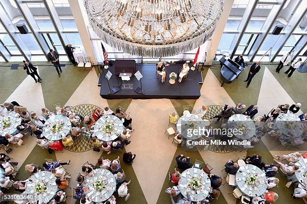 Tv personality Mary Hart and Her Serene Highness Princess Charlene of Monaco speak onstage during the Blue Ribbon of the Los Angeles Music Center to...
