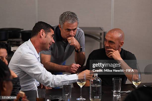 Fernando Hierro and Jose Mourinho in discussion during a FIFA Legends Thinktank meeting at the Hyatt hotel on May 12, 2016 in Mexico City, .