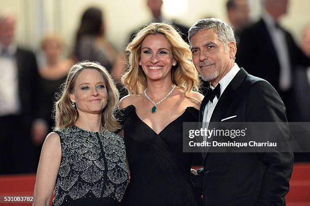 Producer Jodie Foster, actors Julia Roberts and George Clooney attend the "Money Monster" premiere during the 69th annual Cannes Film Festival at the...