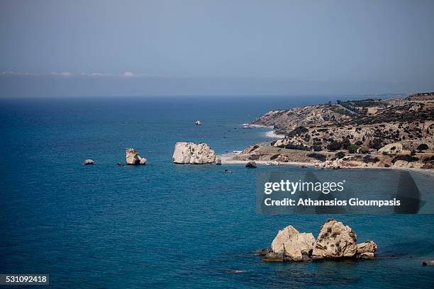 Petra tou Romiou or Aphrodites Rock on April 27, 2016 in Paphos, Cyprus. The area and its status in mythology as the birthplace of Aphrodite makes it...