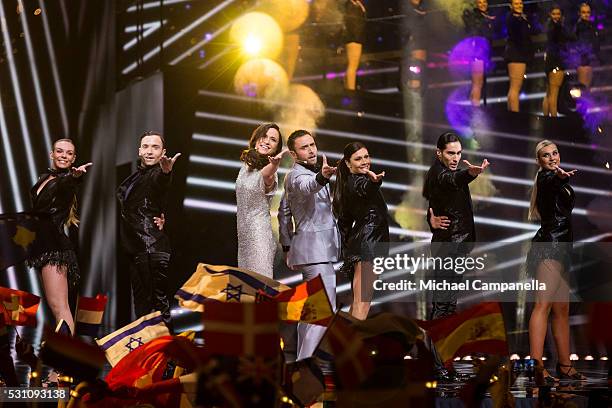 Hosts Petra Mede and Mans Zelmerlow perform during the semifinals of the 2016 Eurovision Song Contest at Ericsson Globe Arena on May 12, 2016 in...