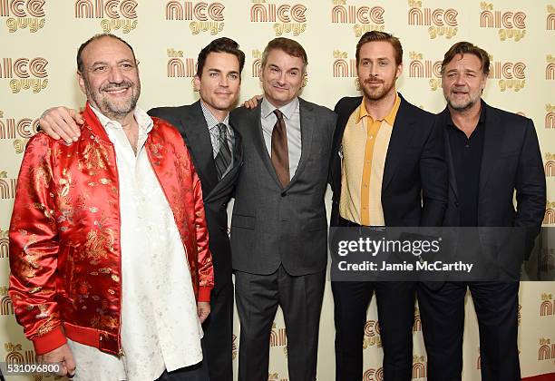 Joel Silver, Matt Bomer, Shane Black, Ryan Gosling and Russell Crowe attend "The Nice Guys" New York Screening at Metrograph on May 12, 2016 in New...
