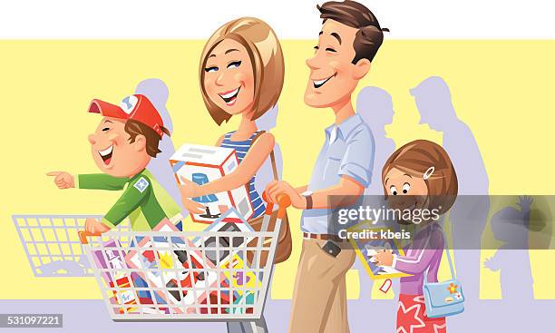 family going shopping - pushing trolley stock illustrations
