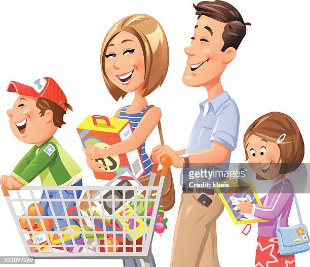 illustrazioni stock, clip art, cartoni animati e icone di tendenza di famiglia shopping - allegro