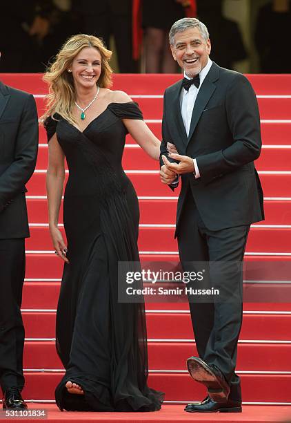 Julia Roberts and George Clooney attend the screening of "Money Monster" at the annual 69th Cannes Film Festival at Palais des Festivals on May 12,...