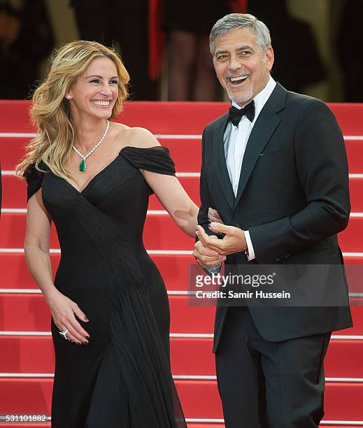 Julia Roberts and George Clooney attend the screening of "Money Monster" at the annual 69th Cannes Film Festival at Palais des Festivals on May 12,...
