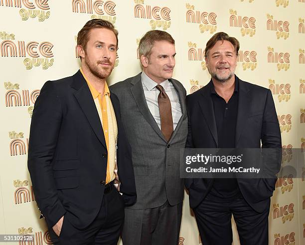 Ryan Gosling, Director Shane Black and Russell Crowe attend "The Nice Guys" New York Screening at Metrograph on May 12, 2016 in New York City.