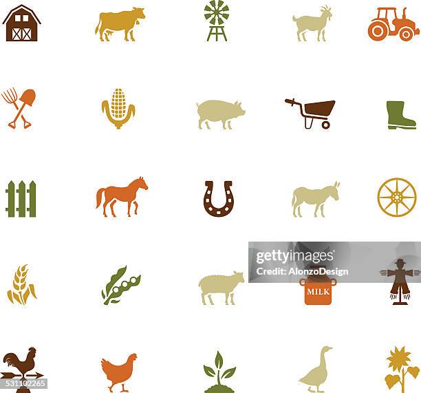 ilustraciones, imágenes clip art, dibujos animados e iconos de stock de conjunto de iconos de granja - cabra mamífero ungulado