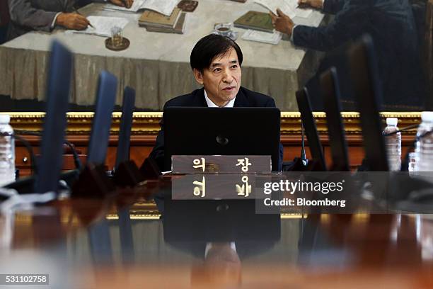 Lee Ju Yeol, governor of the Bank of Korea, speaks during a monetary policy meeting at the central bank's headquarters in Seoul, South Korea, on...